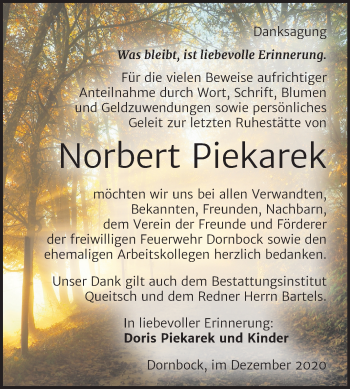 Traueranzeige von Norbert Piekarek von Mitteldeutsche Zeitung Köthen