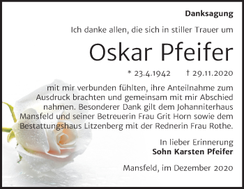 Traueranzeige von Oskar Pfeifer von Mitteldeutsche Zeitung Mansfelder Land