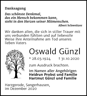 Traueranzeige von Oswald Günzl von Super Sonntag Sangerhausen