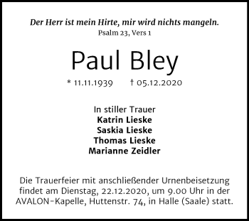 Traueranzeige von Paul Bley von Mitteldeutsche Zeitung Halle/Saalkreis