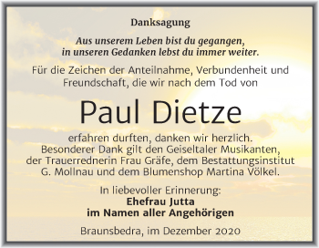 Traueranzeige von Paul Dietze von Super Sonntag Merseburg/Querfurt