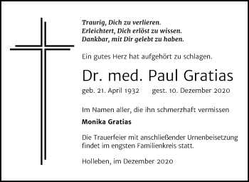 Traueranzeige von Paul Gratias von Mitteldeutsche Zeitung Halle/Saalkreis