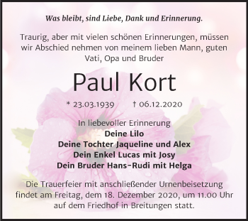 Traueranzeige von Paul Kort von Mitteldeutsche Zeitung Sangerhausen