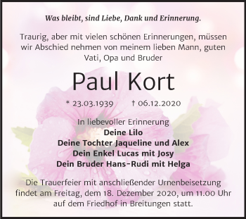 Traueranzeige von Paul Kort von Super Sonntag Sangerhausen