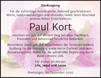 Traueranzeige von Paul Kort von Mitteldeutsche Zeitung Sangerhausen