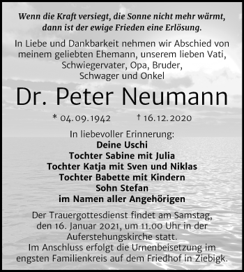 Traueranzeige von Peter Neumann von Mitteldeutsche Zeitung Dessau-Roßlau