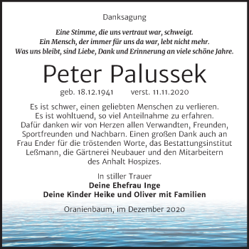Traueranzeige von Peter Palussek von Super Sonntag Wittenberg