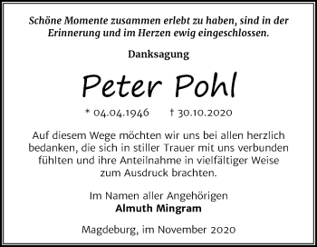 Traueranzeige von Peter Pohl von Wochenspiegel Mansfelder Land