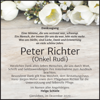 Traueranzeige von Peter Richter von Wochenspiegel Aschersleben