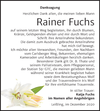 Traueranzeige von Rainer Fuchs von Wochenspiegel Weißenfels