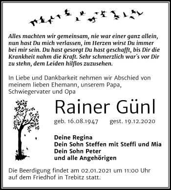 Traueranzeige von Rainer Günl von Mitteldeutsche Zeitung Wittenberg