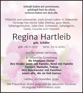 Traueranzeige von Regina Hartleib von Super Sonntag Mansfelder Land
