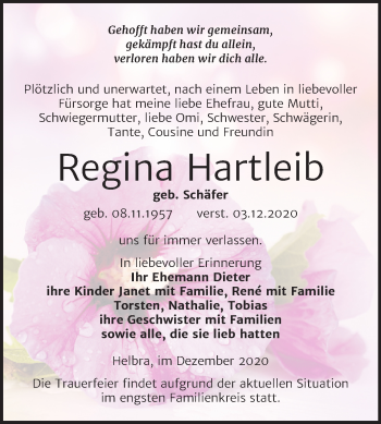 Traueranzeige von Regina Hartleib von Mitteldeutsche Zeitung Mansfelder Land