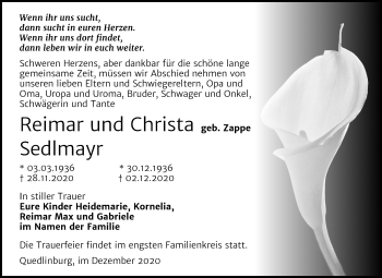Traueranzeige von Reimar und Christa Sedlmayr von Super Sonntag Quedlinburg