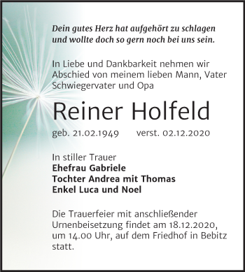 Traueranzeige von Reiner Holfeld von Mitteldeutsche Zeitung Bernburg
