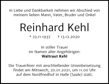 Traueranzeige von Reinhard Kehl von Mitteldeutsche Zeitung Halle/Saalkreis