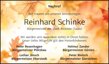 Traueranzeige von Reinhard Schinke von Super Sonntag Bernburg