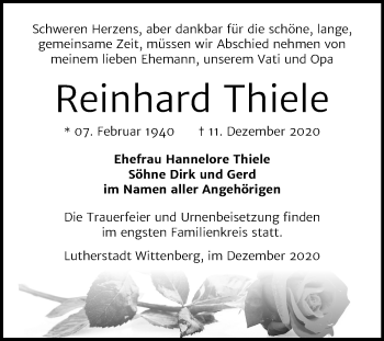 Traueranzeige von Reinhard Thiele von Super Sonntag Wittenberg