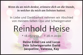 Traueranzeige von Reinhold Heise von Super Sonntag Aschersleben