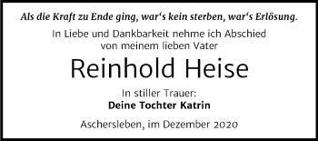 Traueranzeige von Reinhold Heise von Super Sonntag Aschersleben