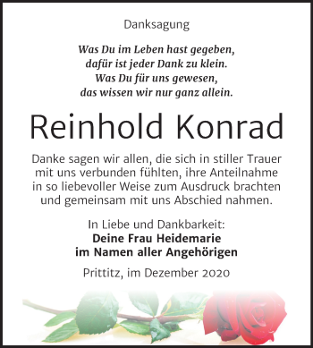 Traueranzeige von Reinhold Konrad von Wochenspiegel Weißenfels
