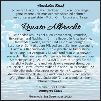 Traueranzeige von Renate Albrecht von Mitteldeutsche Zeitung Quedlinburg