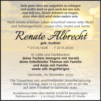 Traueranzeige von Renate Albrecht von Super Sonntag Quedlinburg