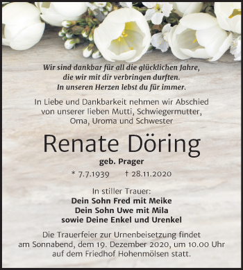 Traueranzeige von Renate Döring von Mitteldeutsche Zeitung Weißenfels