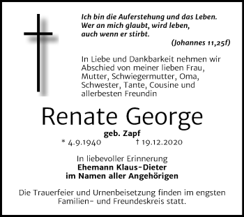 Traueranzeige von Renate George von Mitteldeutsche Zeitung Wittenberg