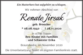 Traueranzeige von Renate Jirsak von Super Sonntag Merseburg/Querfurt