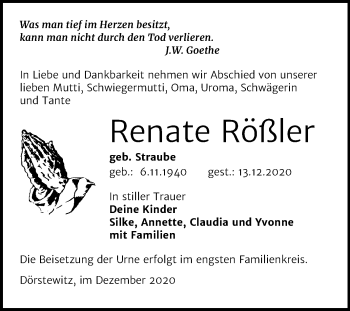 Traueranzeige von Renate Rößler von Super Sonntag Merseburg/Querfurt