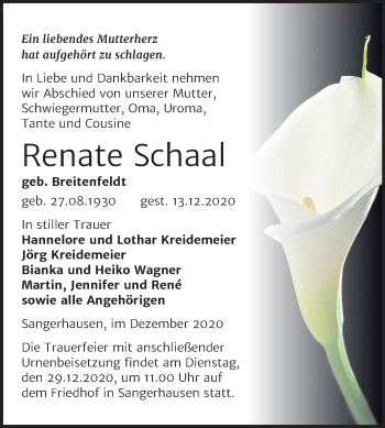 Traueranzeige von Renate Schaal von Mitteldeutsche Zeitung Sangerhausen