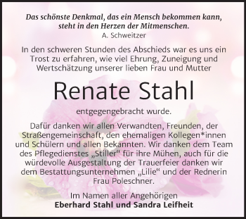 Traueranzeige von Renate Stahl von Mitteldeutsche Zeitung Dessau-Roßlau