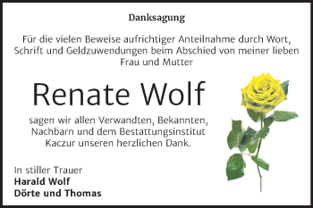 Traueranzeige von Renate Wolf von Super Sonntag Quedlinburg