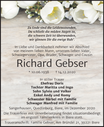 Traueranzeige von Richard Gebser von Mitteldeutsche Zeitung Sangerhausen