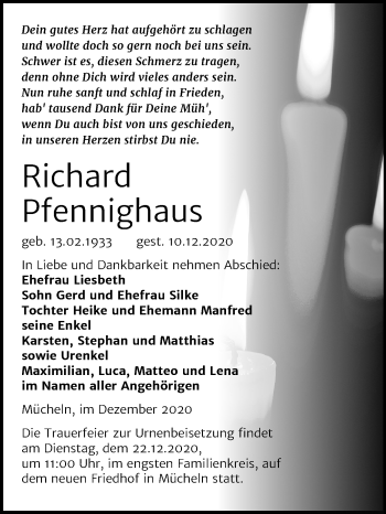Traueranzeige von Richard Pfennighaus von Wochenspiegel Merseburg/Querfurt