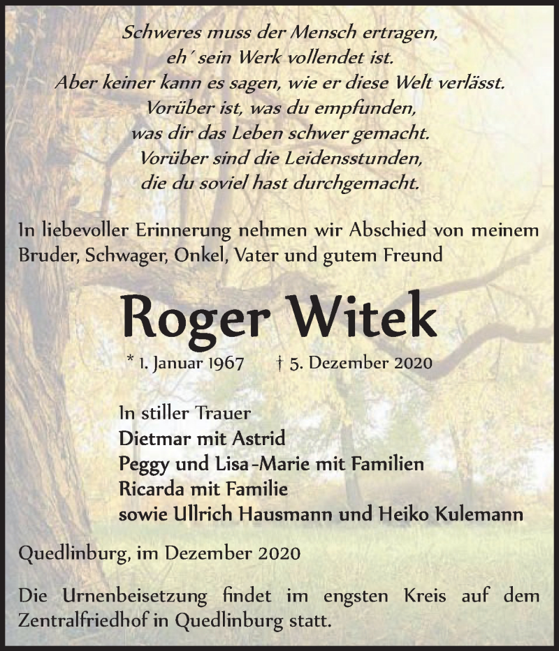 Traueranzeigen Von Roger Witek Www Abschied Nehmen De