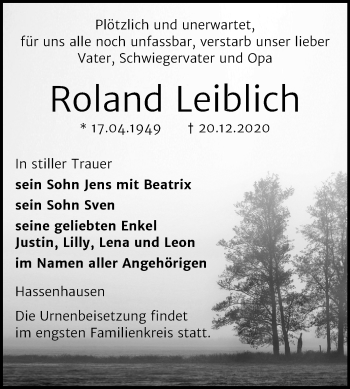 Traueranzeige von Roland Leiblich von Mitteldeutsche Zeitung Naumburg/Nebra