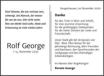 Traueranzeige von Rolf George von Super Sonntag Sangerhausen