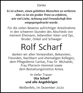 Traueranzeige von Rolf Scharf von Mitteldeutsche Zeitung Weißenfels