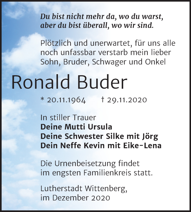  Traueranzeige für Ronald Buder vom 12.12.2020 aus Super Sonntag Wittenberg