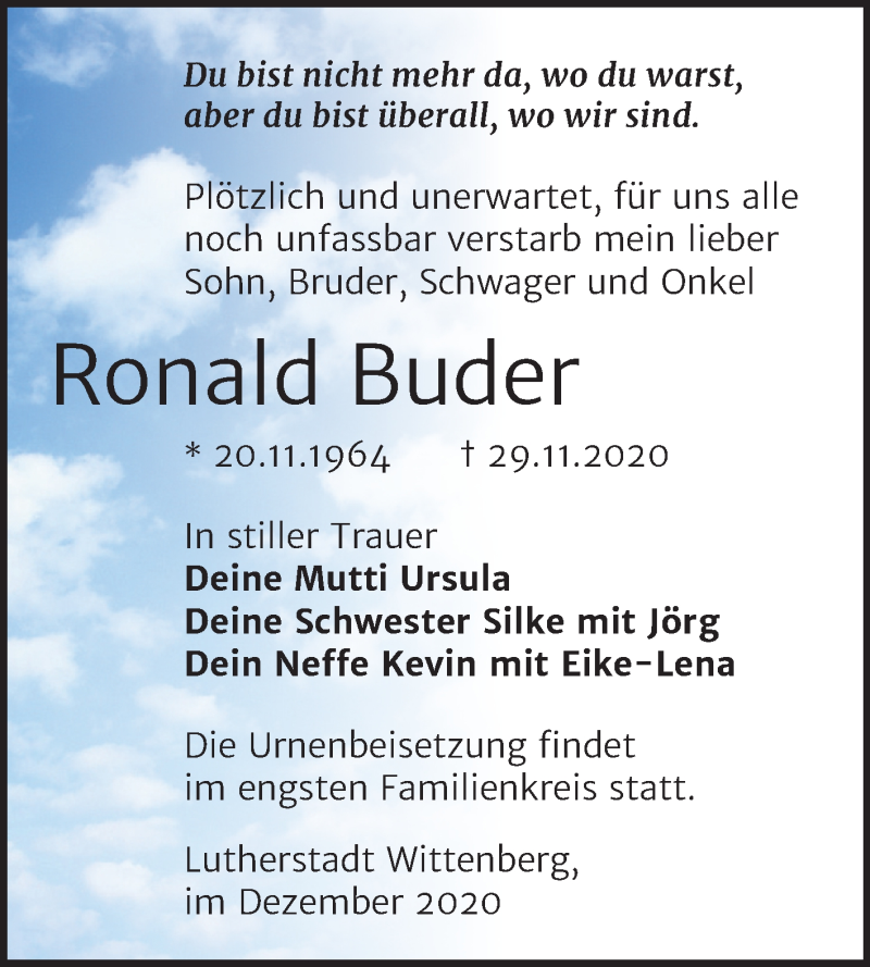  Traueranzeige für Ronald Buder vom 12.12.2020 aus Mitteldeutsche Zeitung Wittenberg