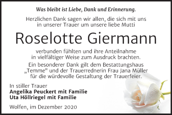 Traueranzeige von Roselotte Giermann von Mitteldeutsche Zeitung Bitterfeld
