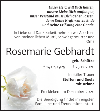 Traueranzeige von Rosemarie Gebhardt von Mitteldeutsche Zeitung Aschersleben