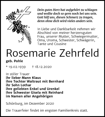 Traueranzeige von Rosemarie Zehrfeld von Mitteldeutsche Zeitung Naumburg/Nebra