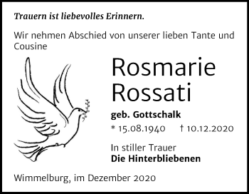 Traueranzeige von Rosmarie Rossati von Super Sonntag Mansfelder Land