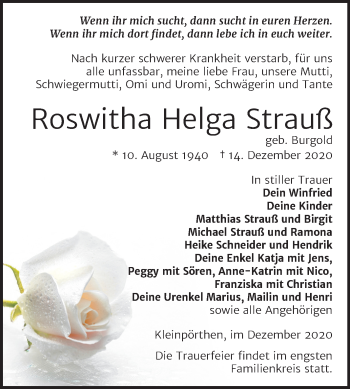 Traueranzeige von Roswitha Helga Strauß von Mitteldeutsche Zeitung Zeitz
