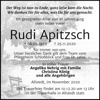 Traueranzeige von Rudi Apitzsch von Mitteldeutsche Zeitung Sangerhausen
