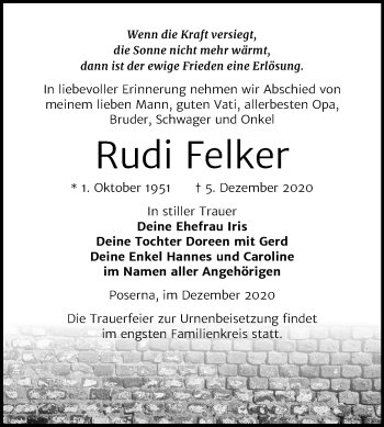 Traueranzeige von Rudi Felker von Mitteldeutsche Zeitung Weißenfels