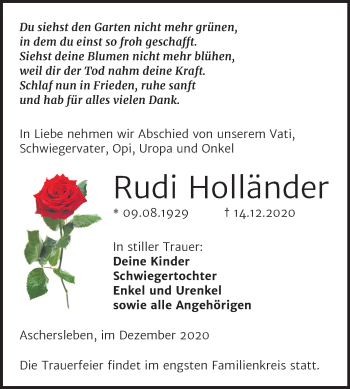 Traueranzeige von Rudi Holländer von Mitteldeutsche Zeitung Aschersleben